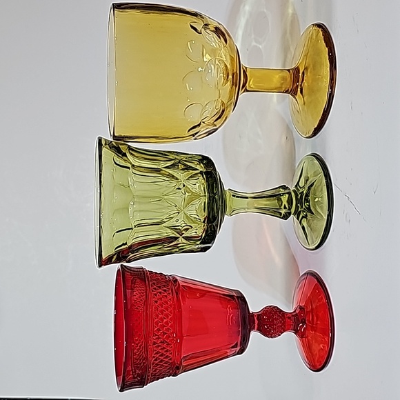 S/6 Vintage Retro Merry Mixture Jewel Tone Red Green Gold Glass Water Goblets - Picture 3 of 16